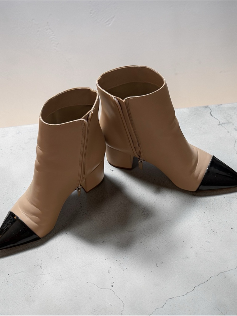 Marc Fisher Beige Ankle Boots with Black Patent Pointed Toe